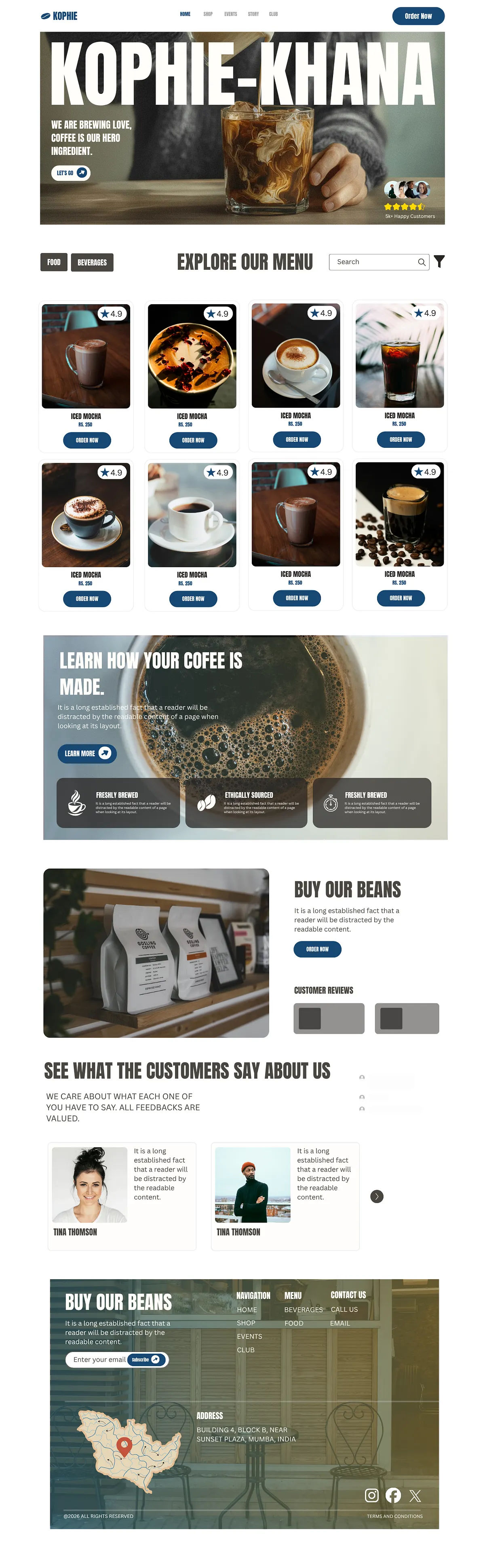 Kophie-Khana landing page design with bold typography and structured menu layout
