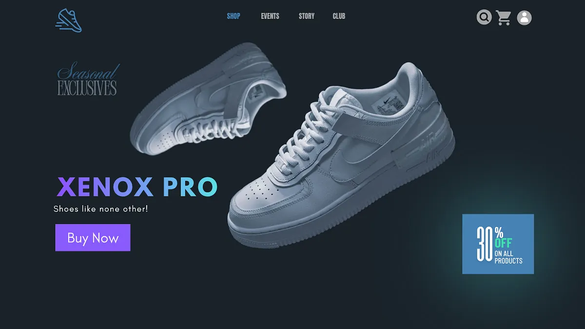 Xenox sneaker brand landing page with dark atmospheric design and product spotlight